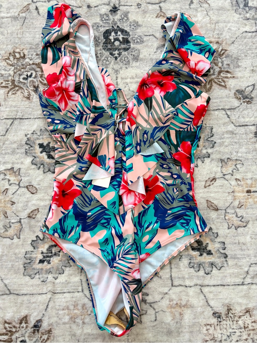 Women’s Floral Ruffle One-Piece Swimsuit - Pink Tropical
